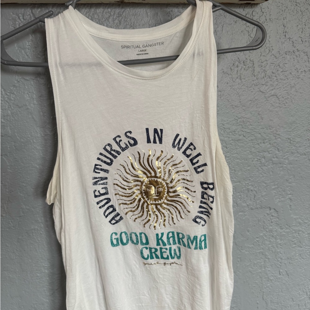 Spiritual Gangster White Tank Top with Gold Sun Design and Hamsa Grey Tank